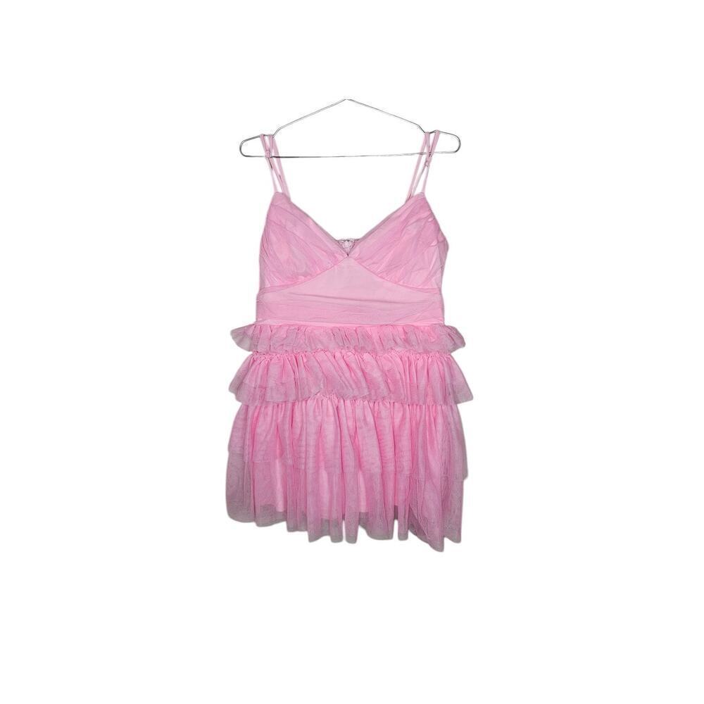 New without tags Lulus Pink Tulle Pleated Sleeveless Tiered Mini Dress SZ XL - Picture 4 of 11